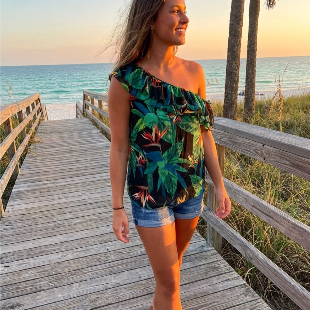 Tropical Green and Black One-Shoulder Top, Resort-wear, Beach, Summer Casual